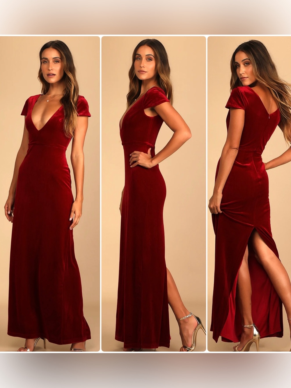 NWT Lulus Velvet Long Dress Deep V-Neck w/Rear Slit Size Small
